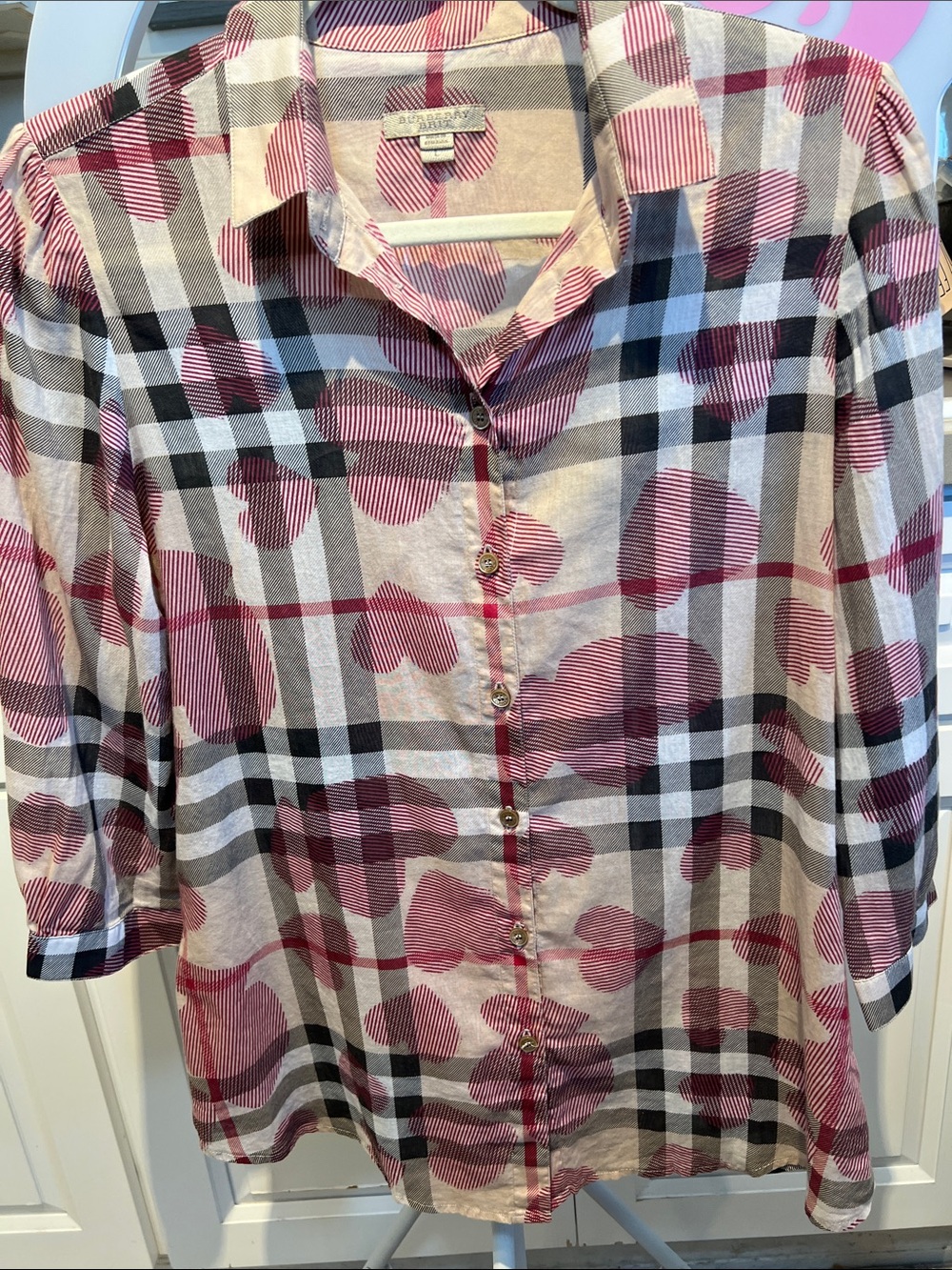 Burberry Pink, Cream and Black Plaid Heart-Print Button-Down Shirt